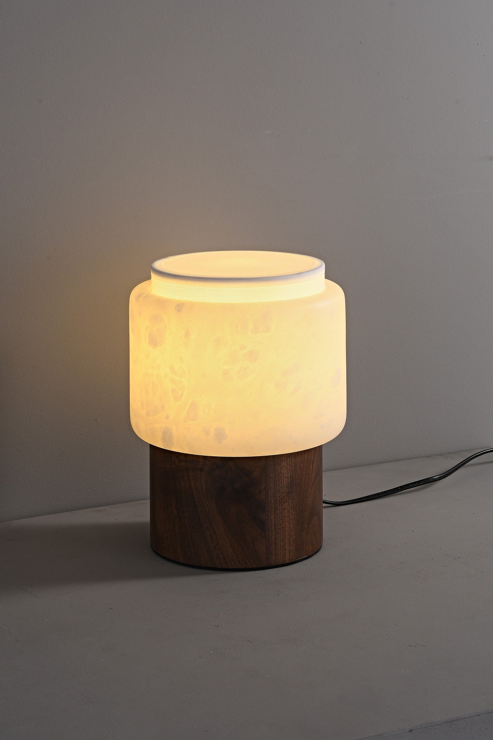 Modern Alabaster Wood Cylinder Table Lamp - 15 04-real-lit-front