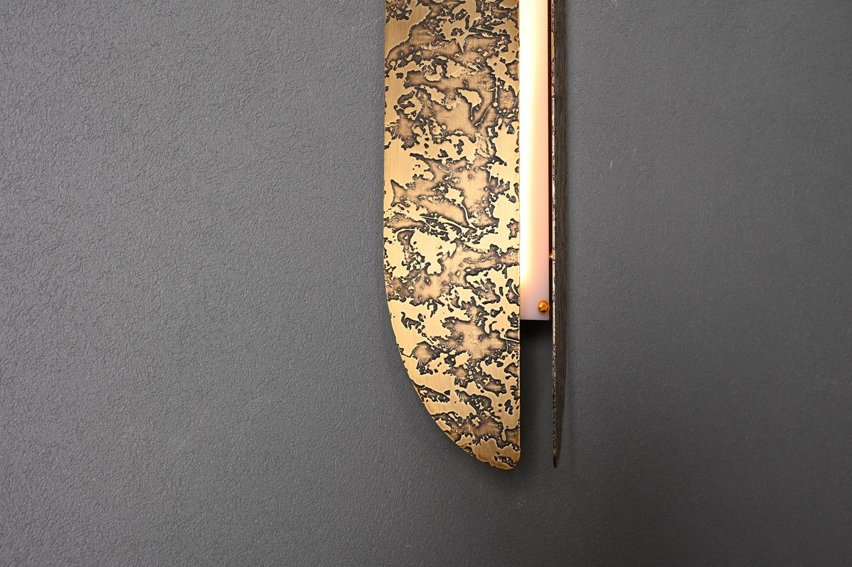 Modern Etched Brass Linear Wall Sconce in Antique Brass - 04 04-real-shot-etched-antique-brass-linear-wall-sconce-detail