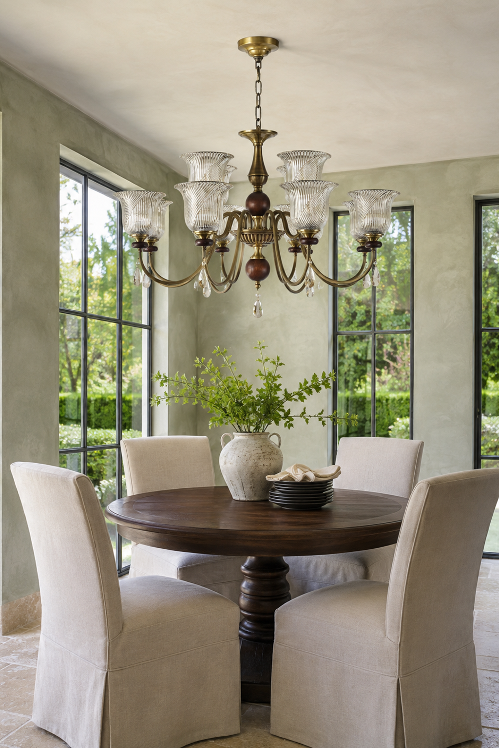 Rillavine twelve-light two-tier chandelier centered above a round table in a glazed garden room, fixture off