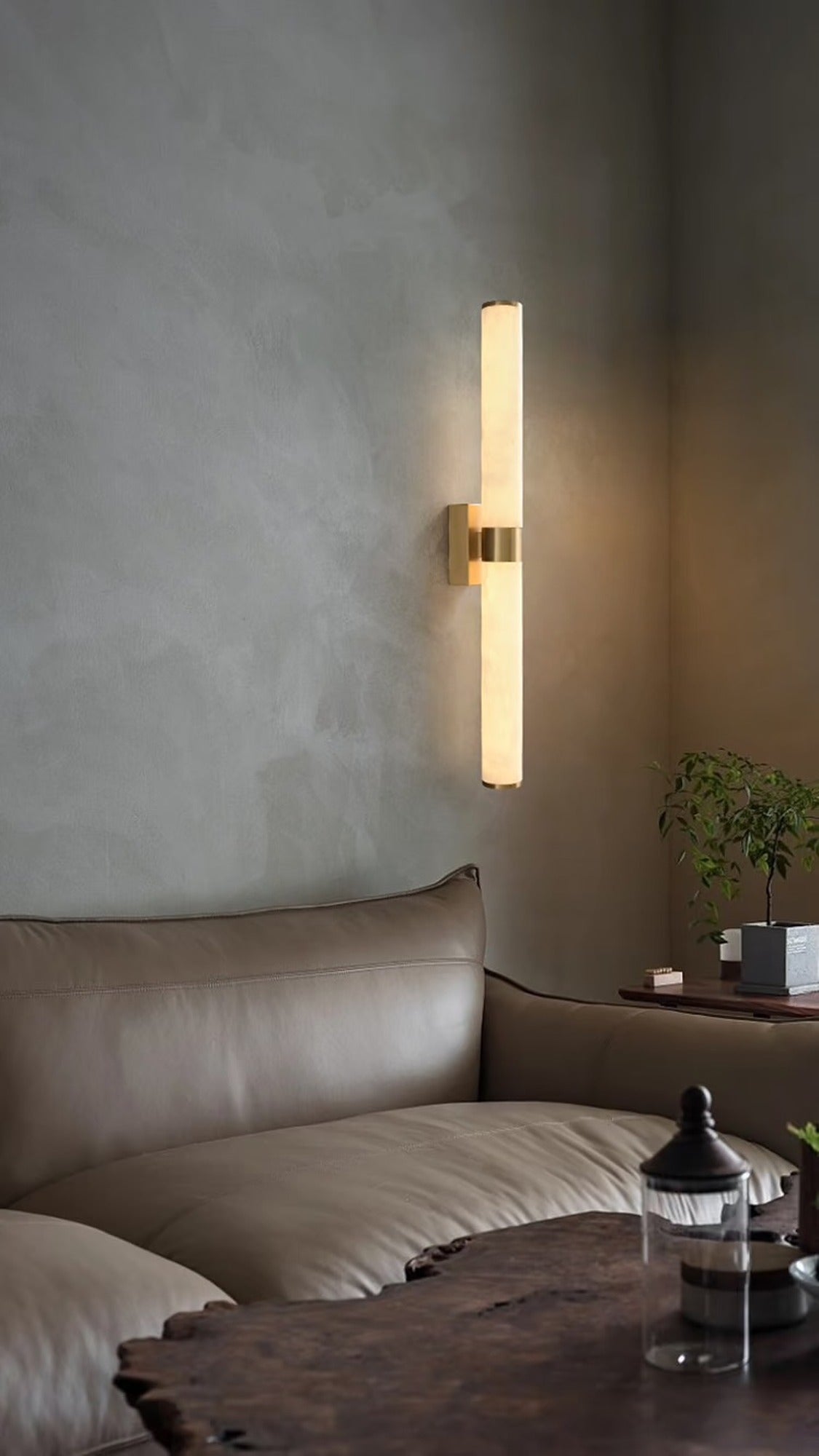Modern Snowflake Alabaster Cylinder Wall Sconce in Natural Brass - 04 room scene 3