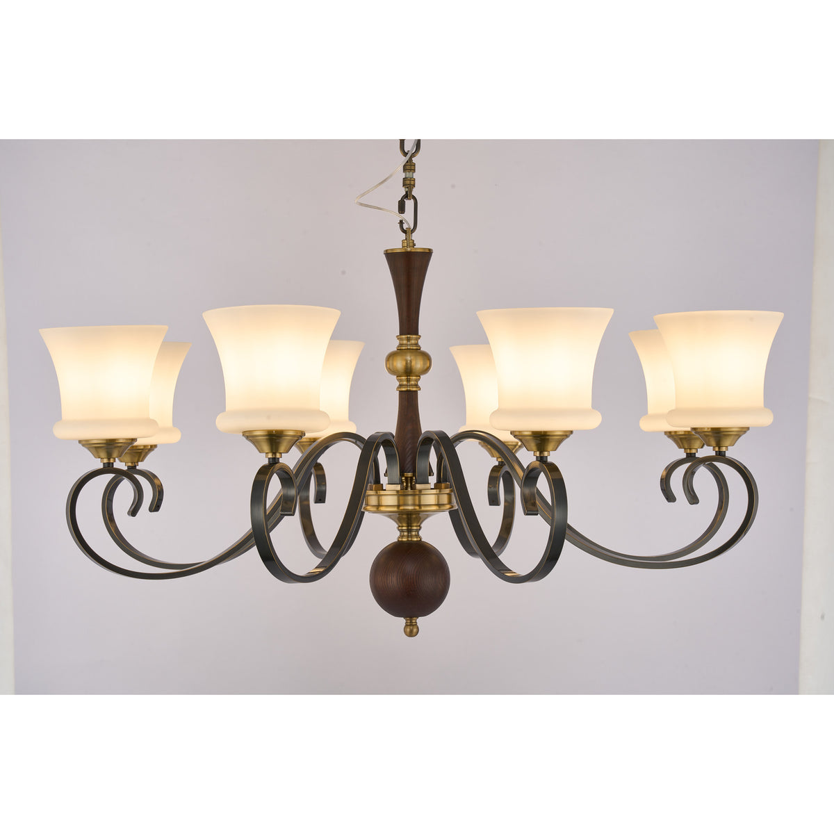 Supplier real photograph of the Rosethorne eight-light chandelier complete lit front view