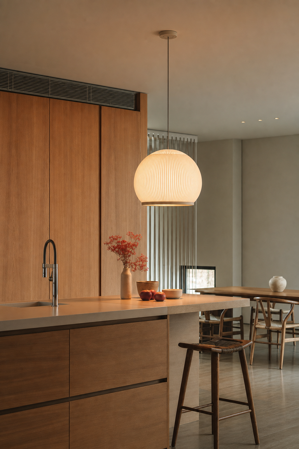 Rounded ribbed textile pendant light above a warm wood kitchen island