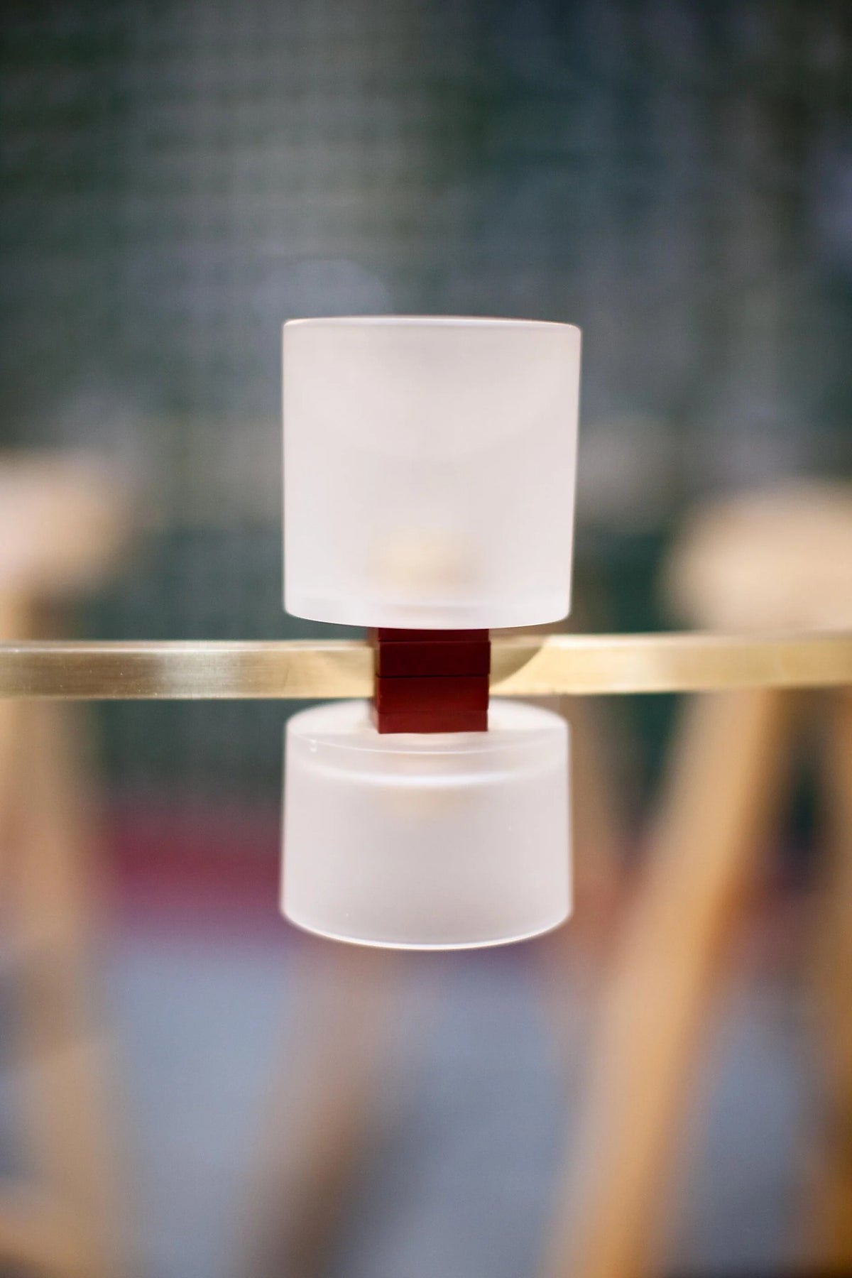 Close view of the Royal pendant frosted acrylic diffuser and copper frame