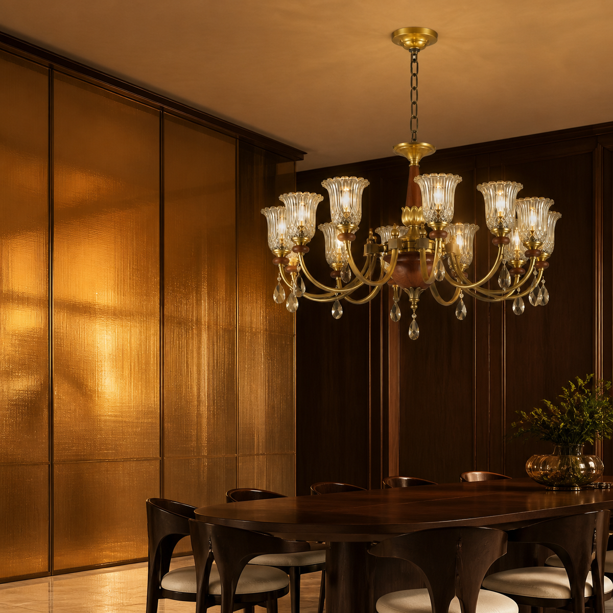 Ten-light ribbed tulip glass chandelier off center in an amber dining salon