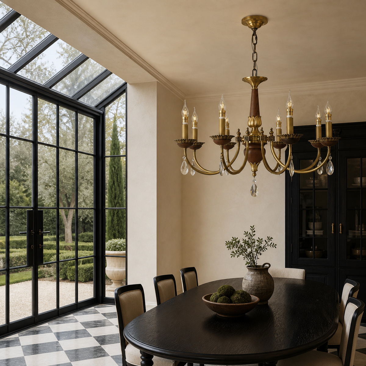 Ten-light candle-style wood and crystal chandelier on a diagonal in a cream-and-black conservatory
