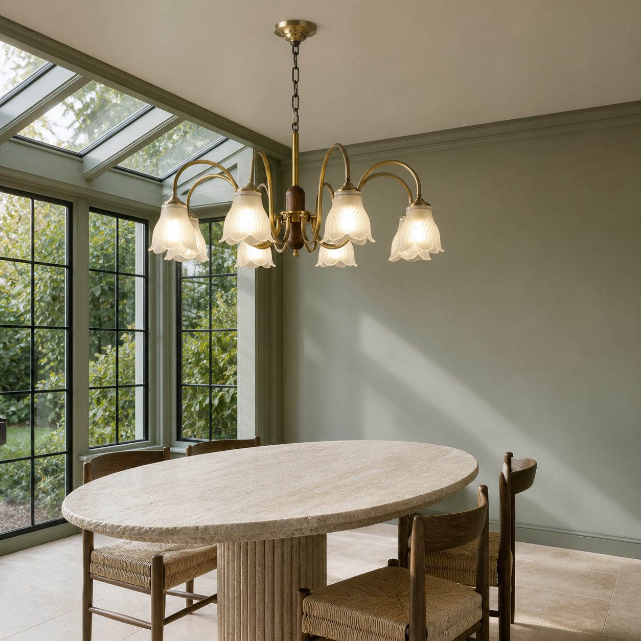 Eight-light ribbed bell glass chandelier in a sage conservatory with diagonal composition