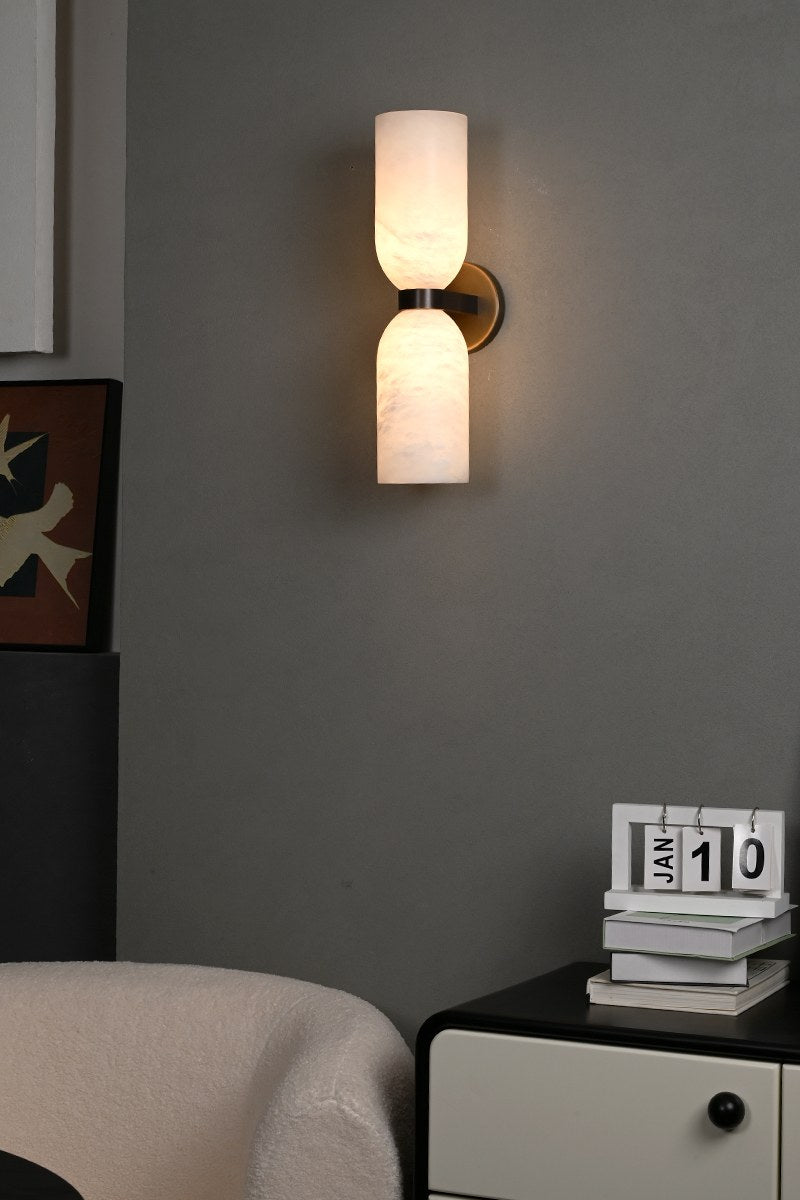 Modern Alabaster Cylinder Wall Sconce in Antique Brass - 04 04-scene--alabaster-cylinder-wall-sconce-hallway
