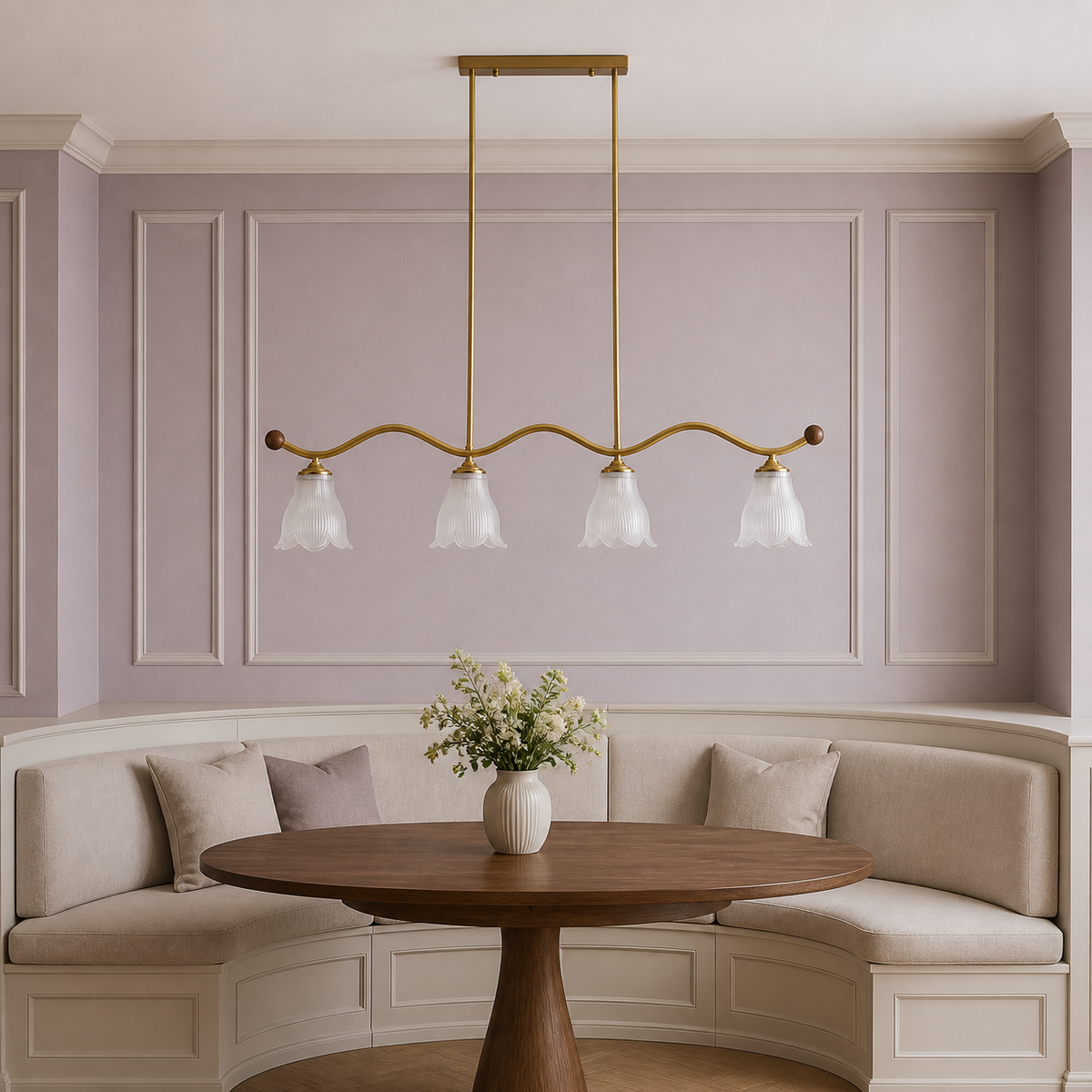 Four-light wave-bar linear chandelier in a dusty lilac breakfast room