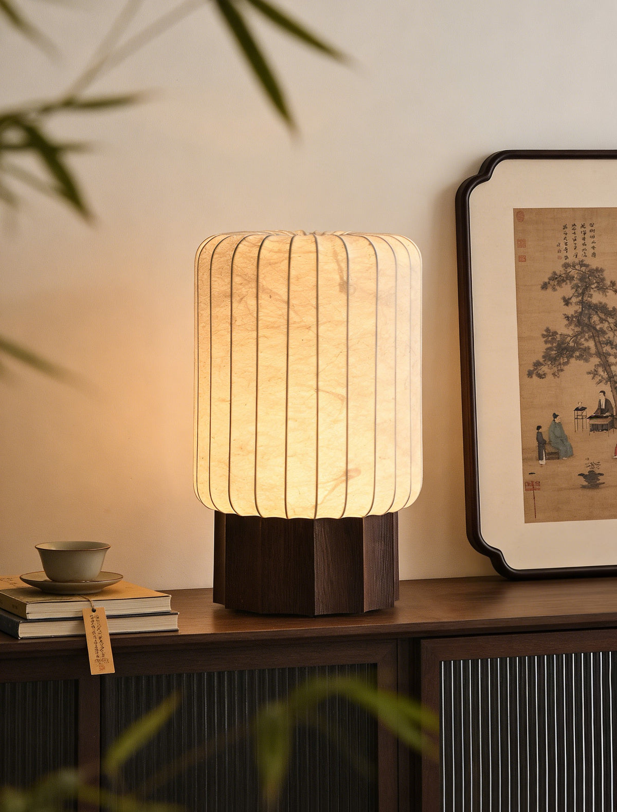 Modern Mulberry Silk Cylinder Table and Floor Lamp with Walnut Wood-Grain Base - 04 04-scene-floor-lamp-sofa
