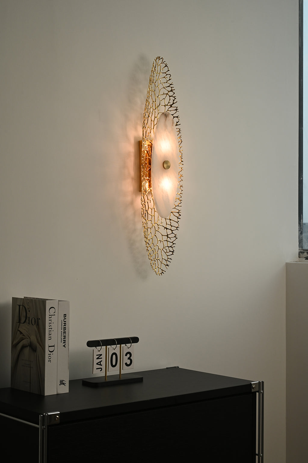 Modern Alabaster Coral Wall Sconce in Natural Brass - 04 04-scene-front-lit