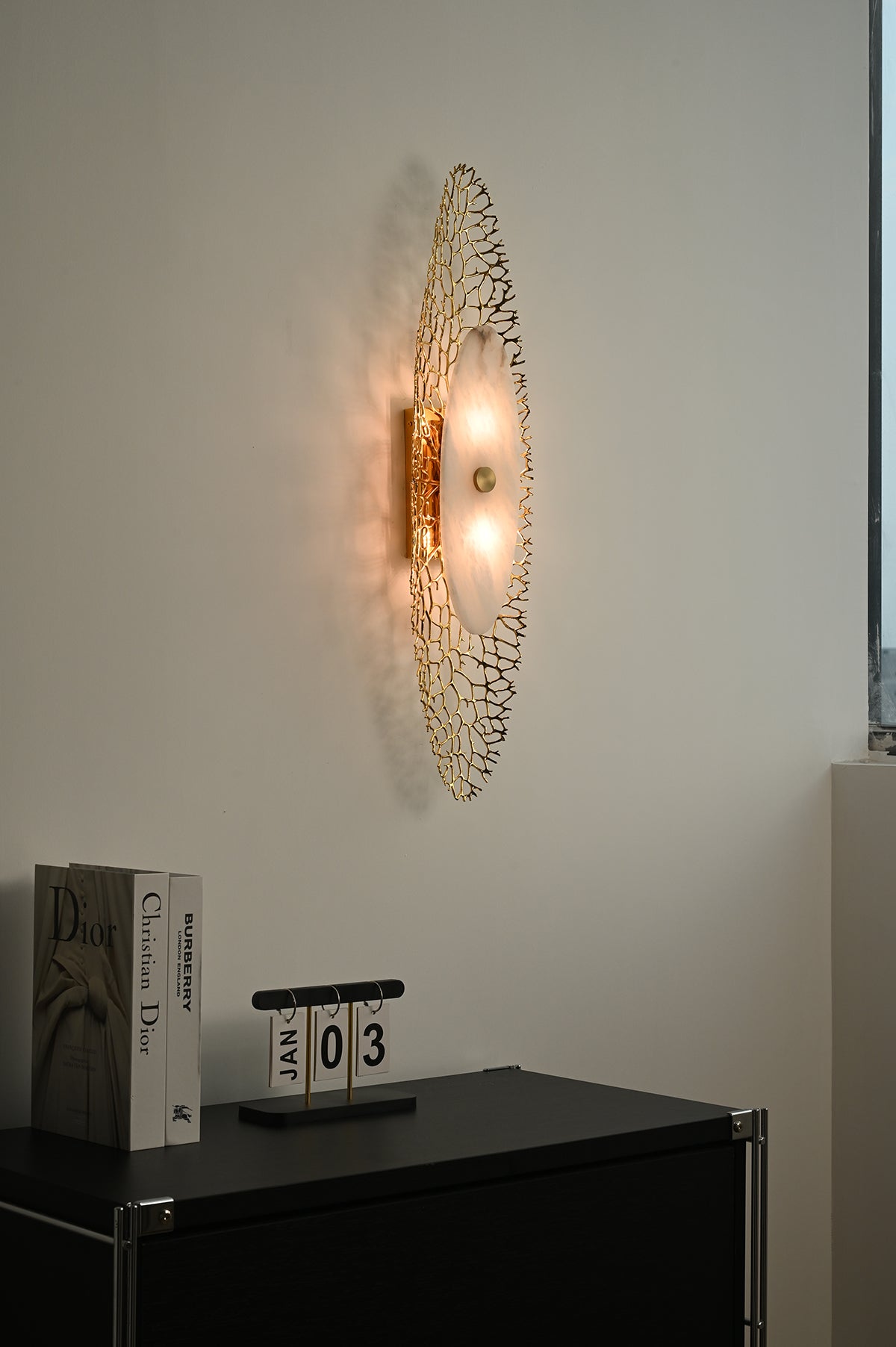 Modern Alabaster Coral Wall Sconce in Natural Brass - 04 04-scene-front-lit