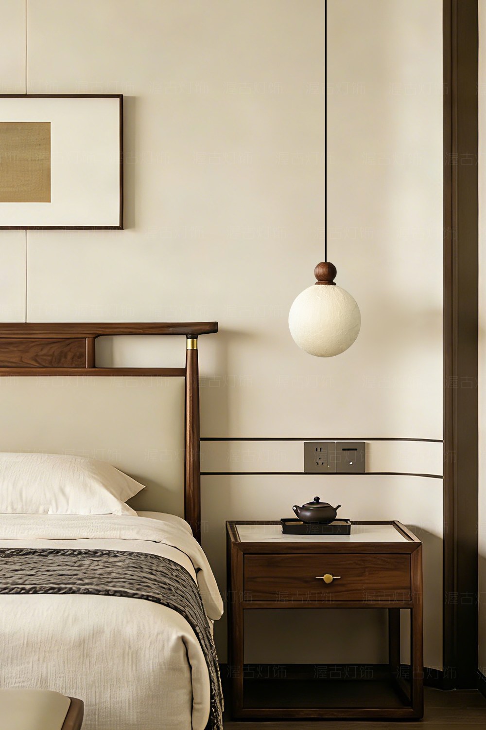 Modern Mulberry Silk Globe Pendant Light in Dark Walnut - 04 04-scene-globe-pendant-living-room