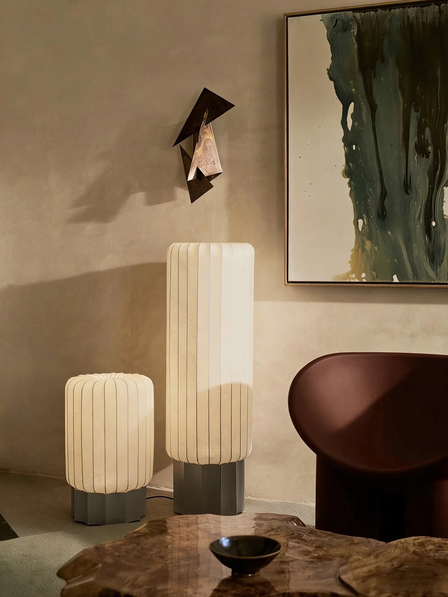 Modern Mulberry Silk Cylinder Table and Floor Lamp in Pewter Gray - 04 04-scene-lounge