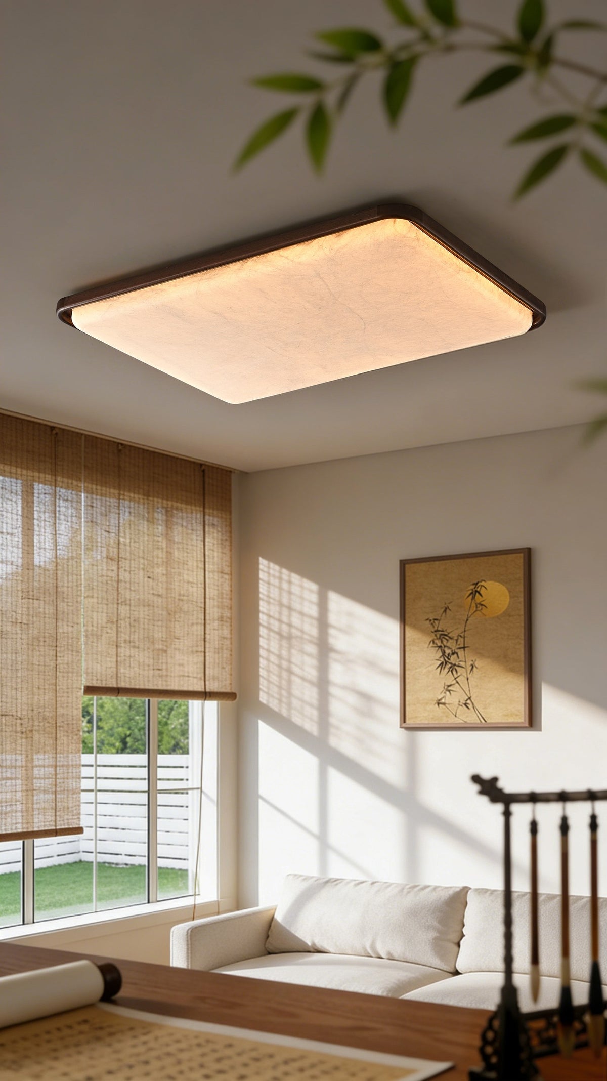 Modern Mulberry Silk Geometric Ceiling Light in Walnut and White - 04 04-scene-square-ceiling-light-bedroom