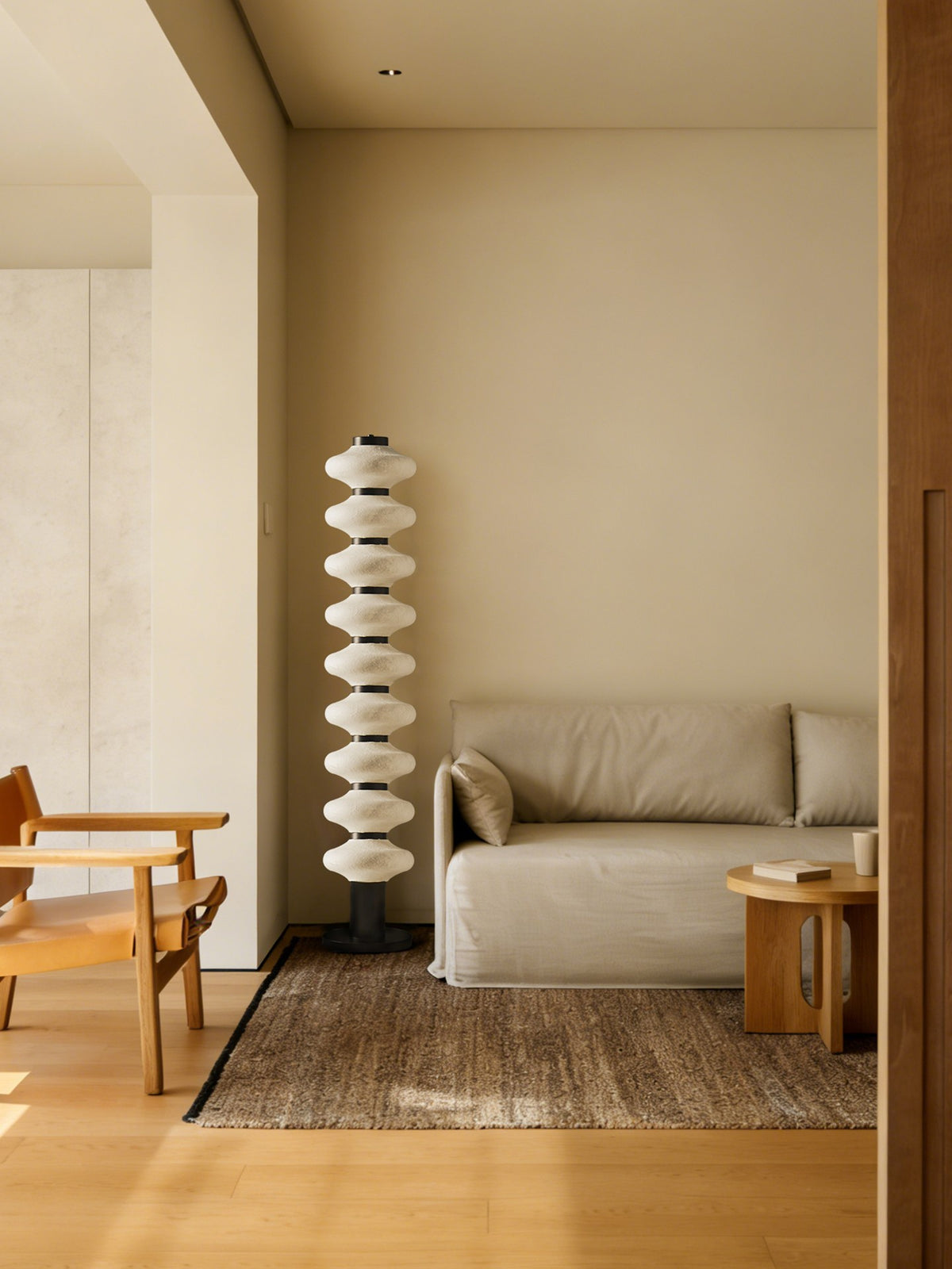 Modern Mulberry Silk Stacked Floor Lamp in Matte Black and White - 04 04-scene-stacked-floor-lamp-corner