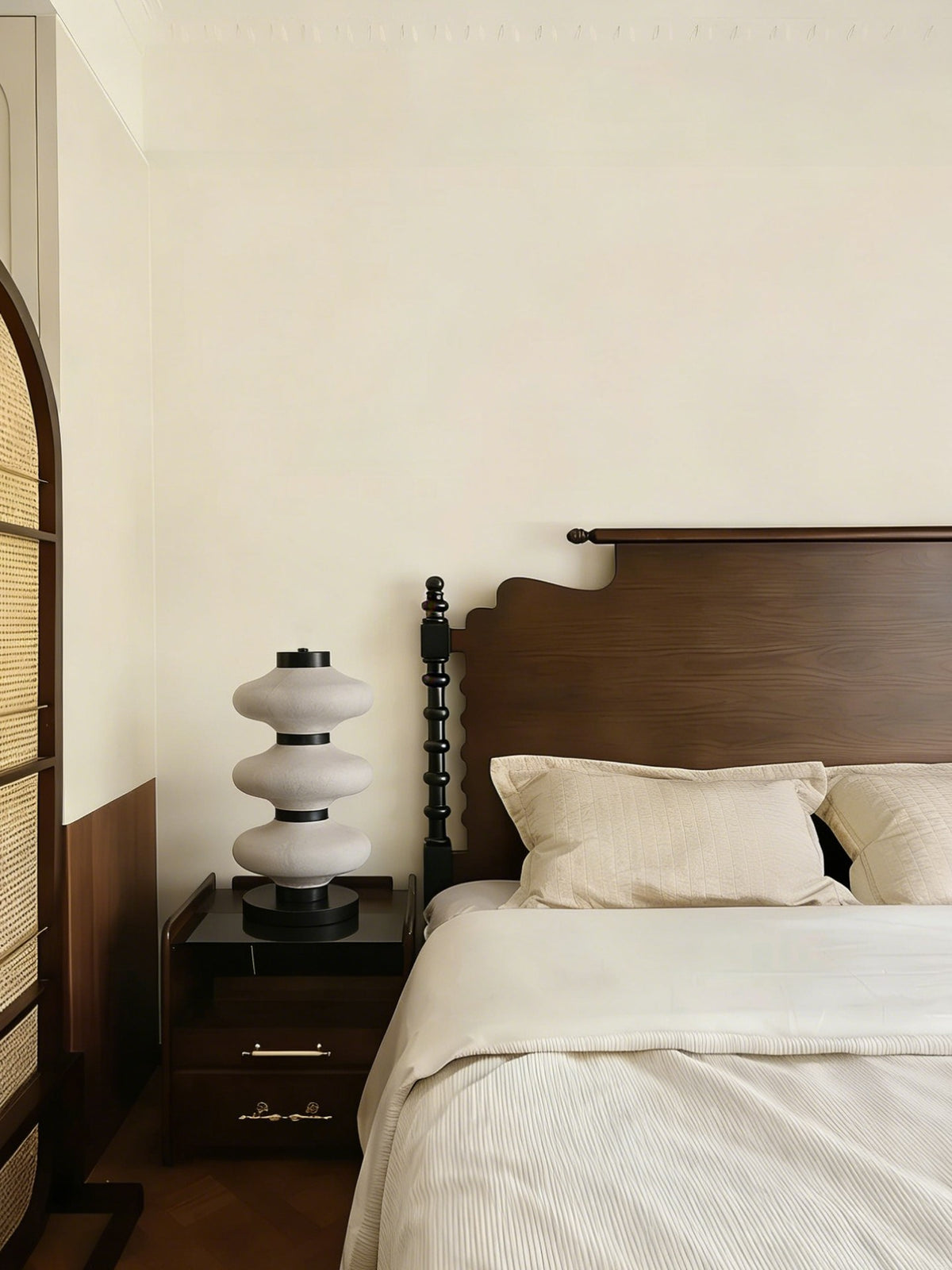 Modern Mulberry Silk Stacked Table Lamp in Matte Black and White - 04 04-scene-stacked-table-lamp-nightstand
