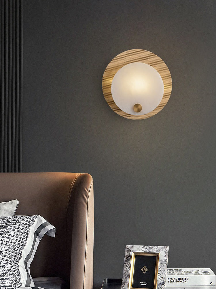 Modern Perforated Copper Alabaster Round Wall Sconce - 17 04-source-bedroom-bedside-wall-sconce-scene