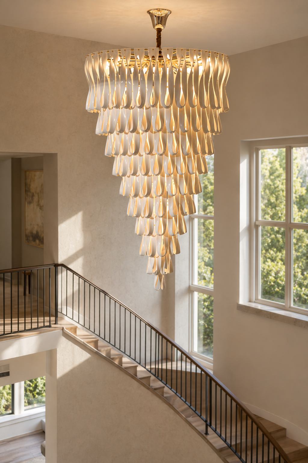 Ivory Ceramic Ribbon Grand Chandelier - Atlas generated scene 04 - 04-stairwell-void