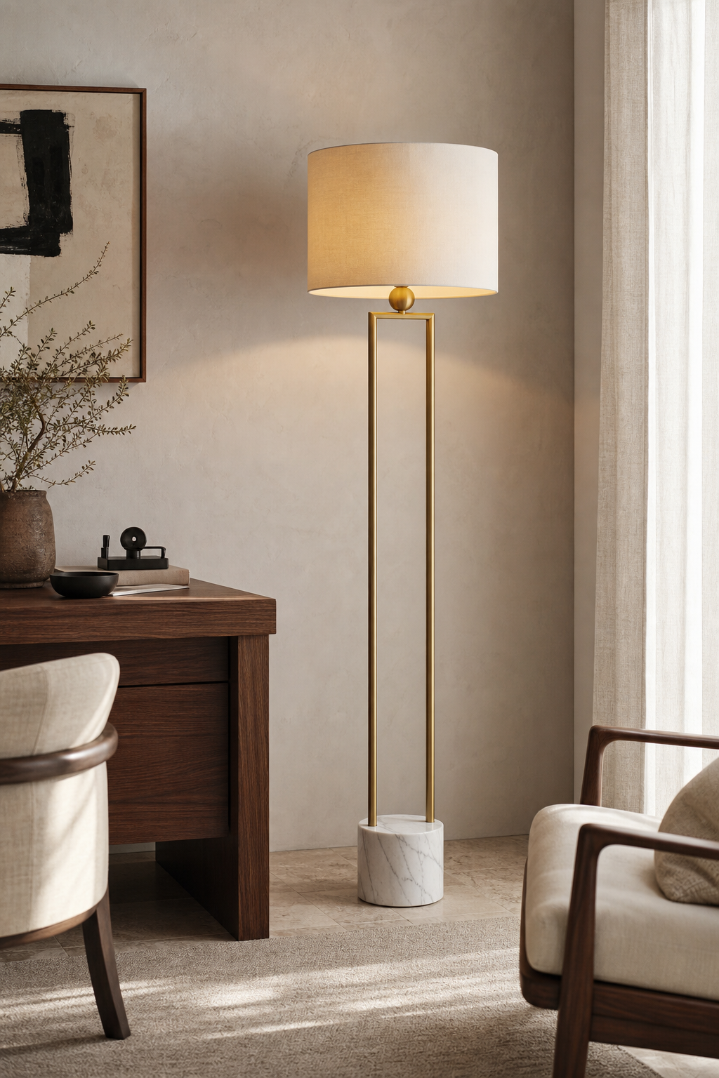 Double-Rod Marble Base Floor Lamp in natural brass beside a study desk