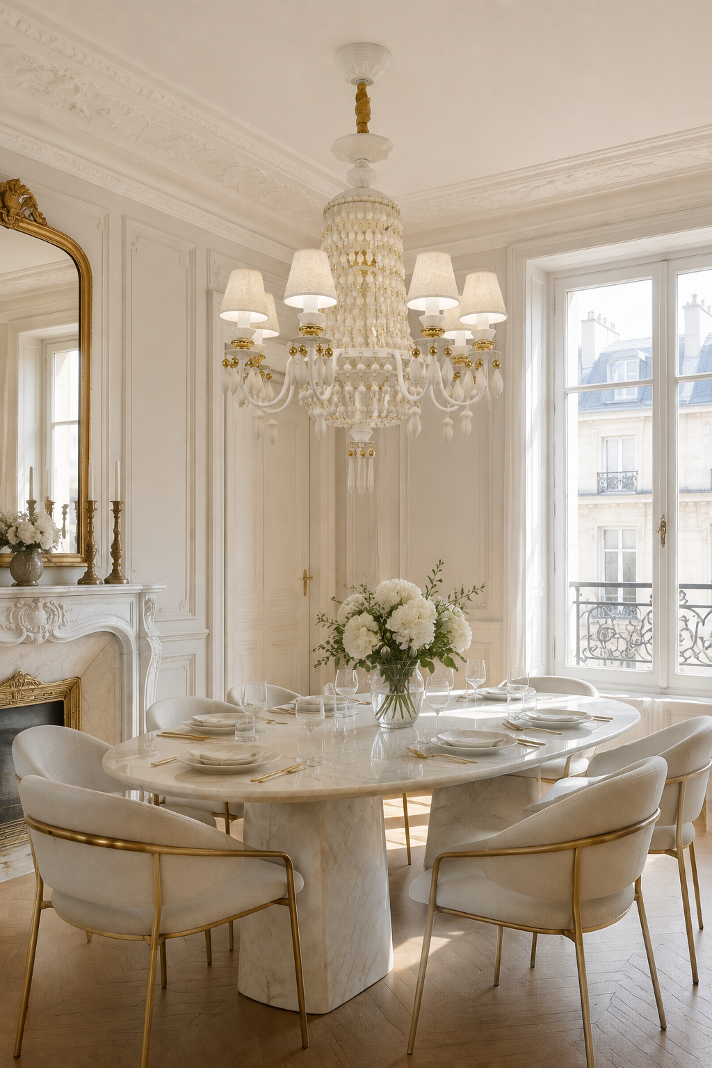 Ivorelle 8-light chandelier – bright Parisian dining room