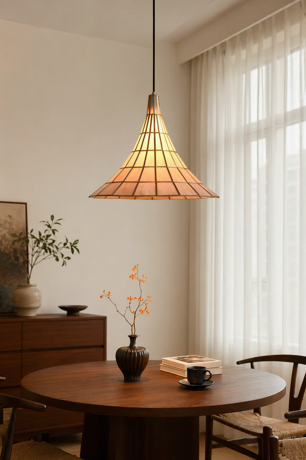 Modern Amber Shell Cone Pendant Light - 04 04-warm-dining-corner