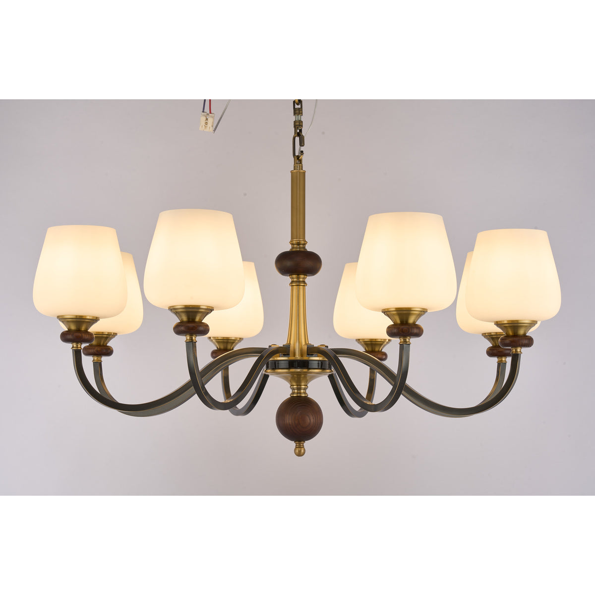 Supplier real photograph of the Wetherby eight-light chandelier complete lit front view