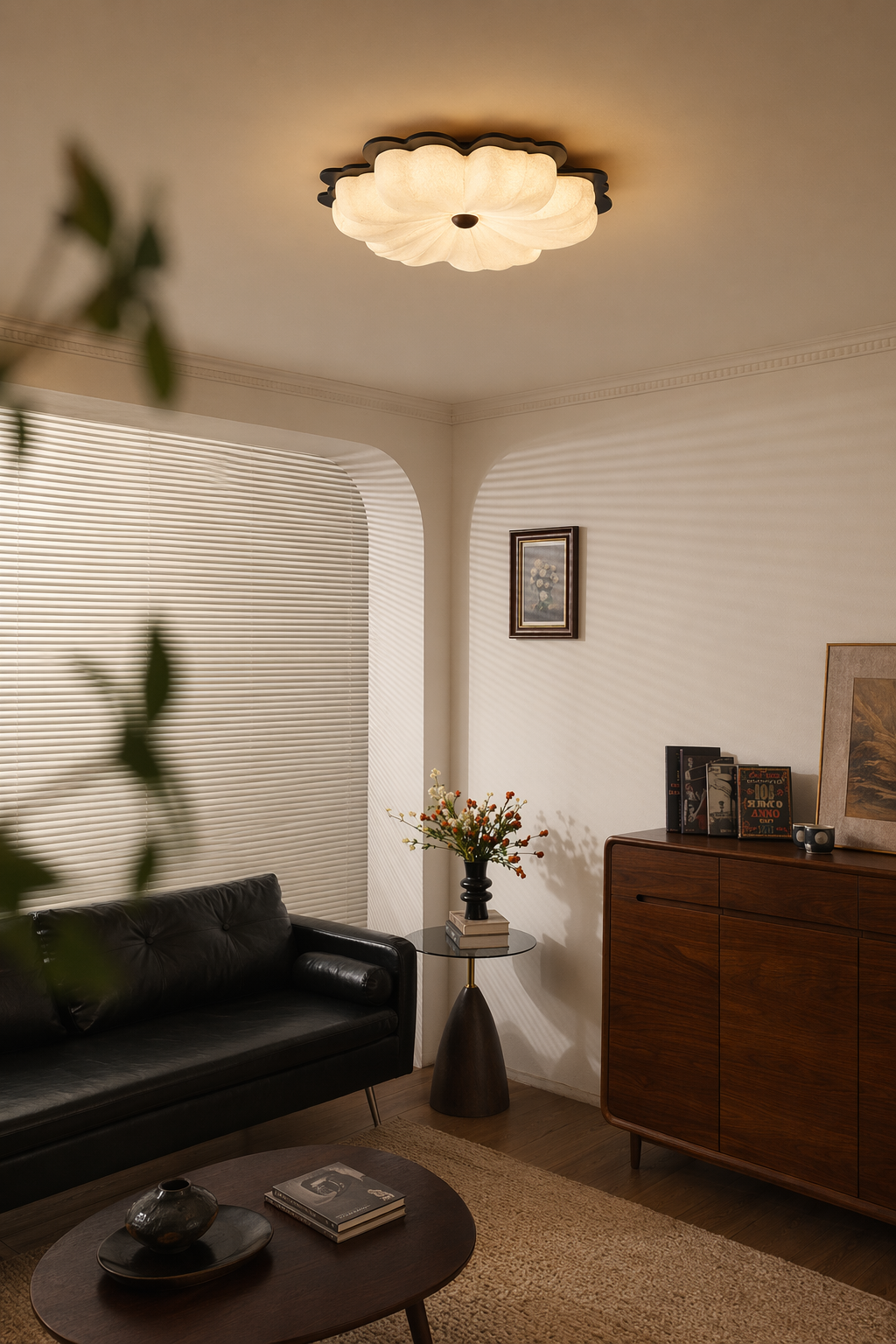 Modern Mulberry Silk Flower Ceiling Light in Walnut and White - product image 05