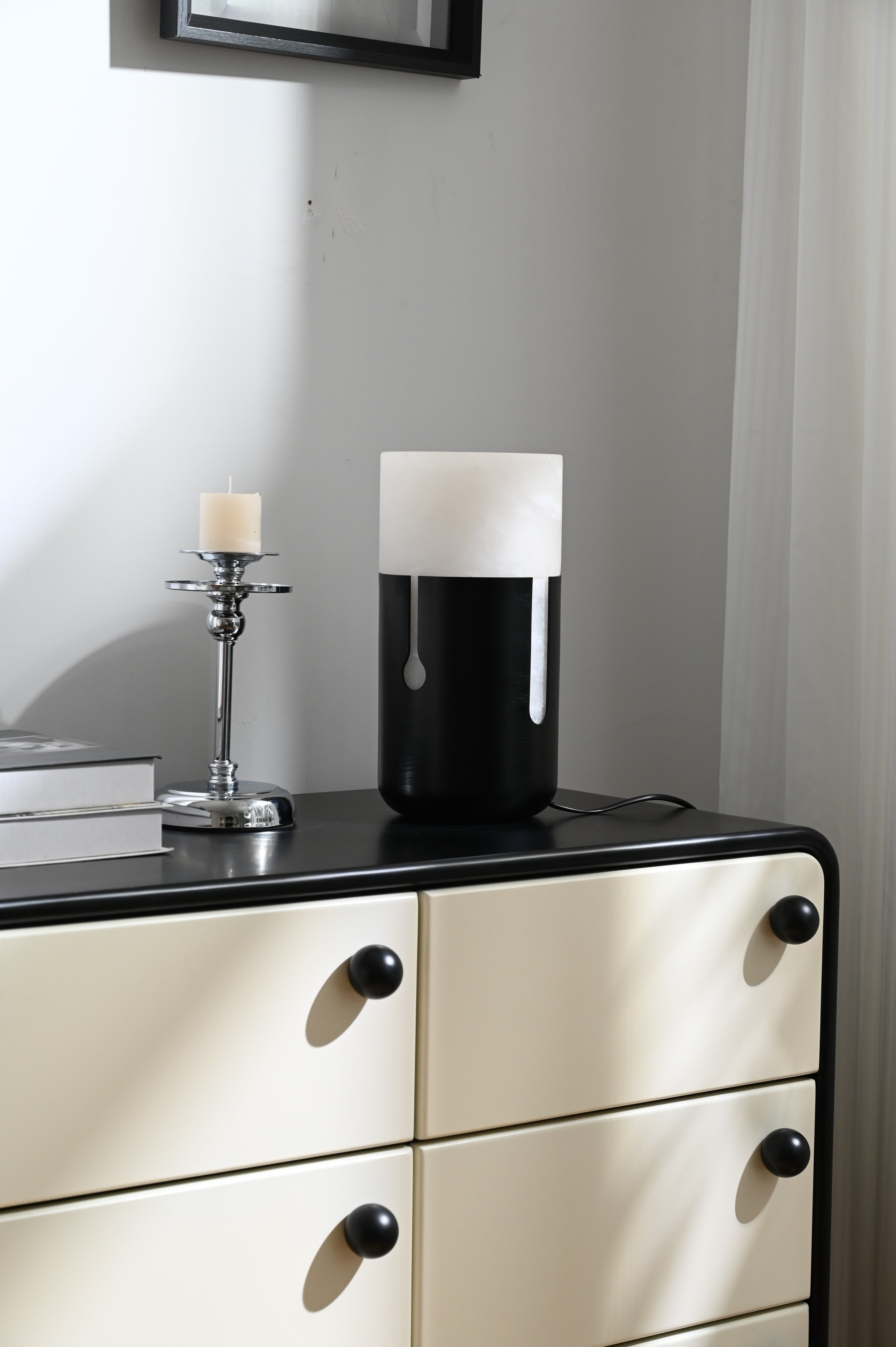 Modern Spanish Alabaster Cylinder Table Lamp in Matte Black - 05 05-DSC_8513-upright