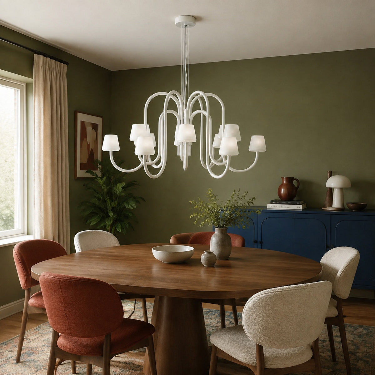 Apollo twelve-light chandelier in a warm colorful young family dining room