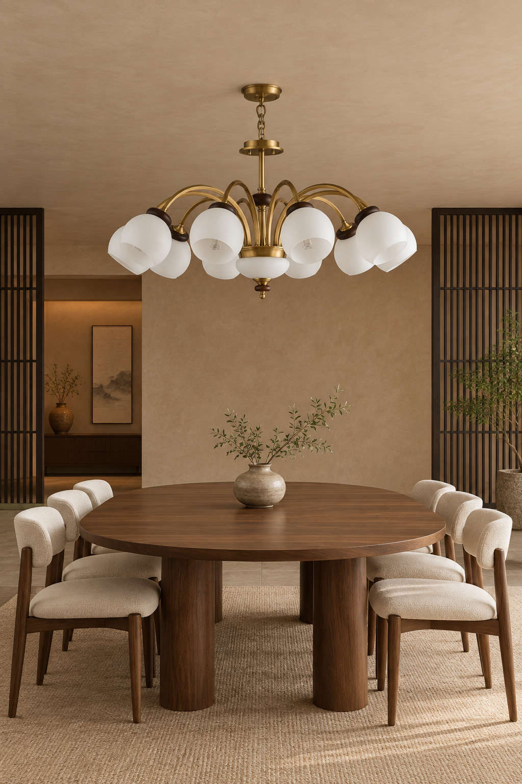 Arborenne ten-light chandelier centered above an oval walnut table in a Japanese-modern dining room, fixture off