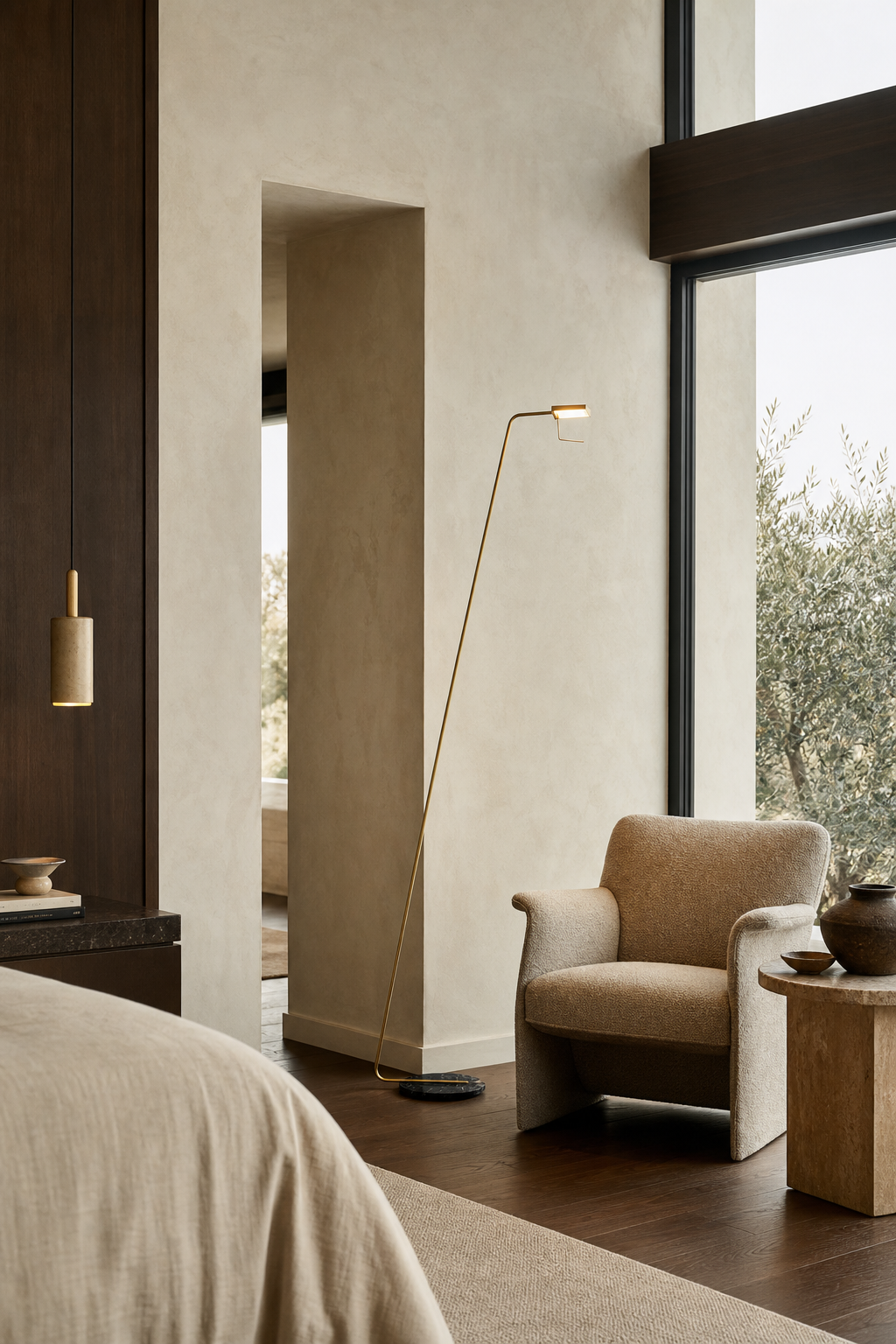 Antique Brass Marble LED Floor Lamp styled in a bedroom interior, view 5