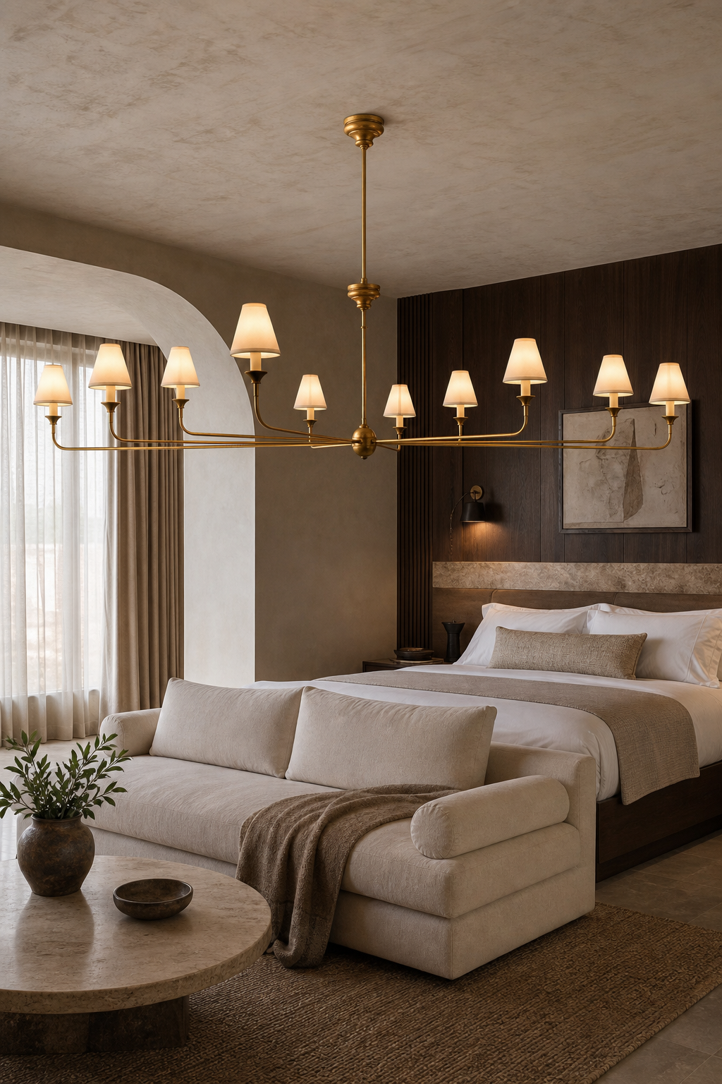 Tiered Brass and Fabric Linear Chandelier shown in a boutique bedroom suite, view 5