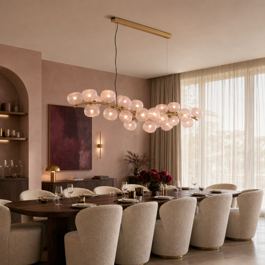 Blush glass 26-light linear chandelier illuminated in a modern private dining room