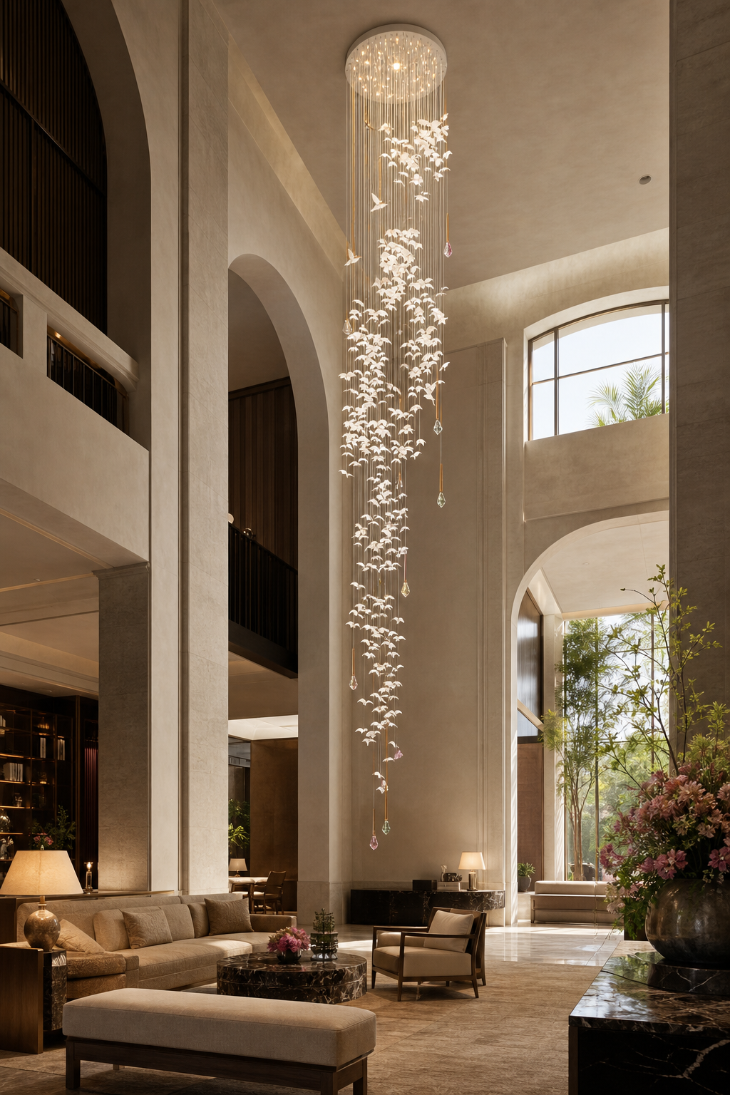 Floating Orchid Ceramic Grand Cascade Chandelier boutique hotel atrium