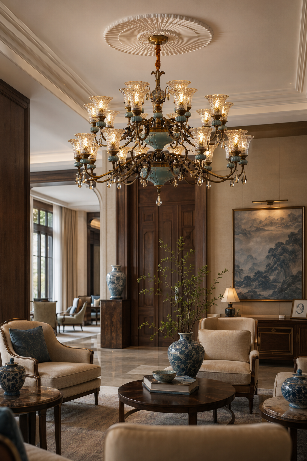 Blue Glazed Ceramic Two-Tier Chandelier boutique hotel lounge