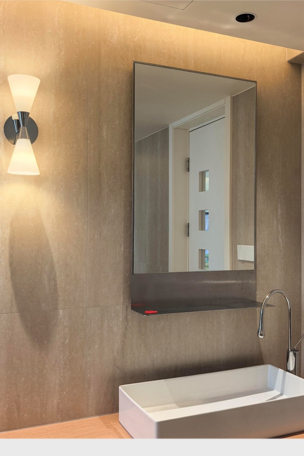 Harlekin Duo Wall Sconce polished chrome bathroom vanity installation