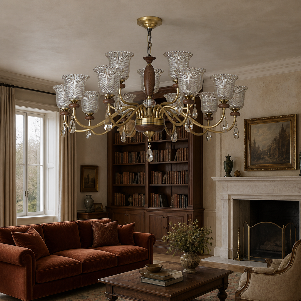 Cognelle ten plus five two-tier chandelier unlit in a library salon