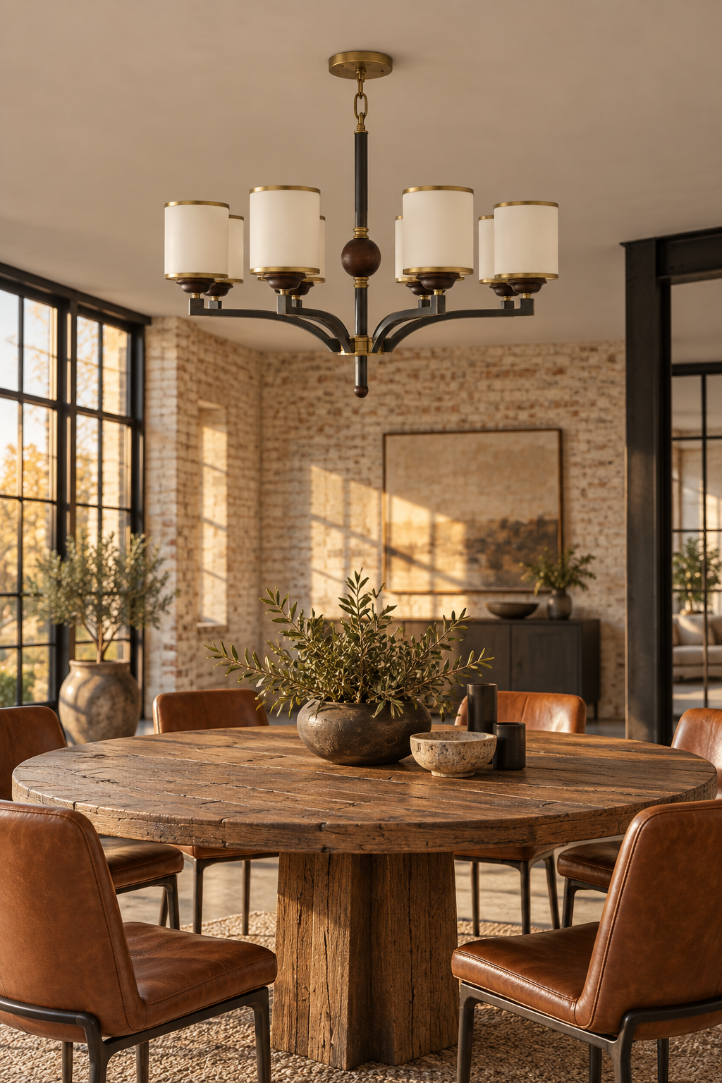 Cylmere six-light chandelier centered above a round reclaimed-oak table in a refined loft dining room, fixture off