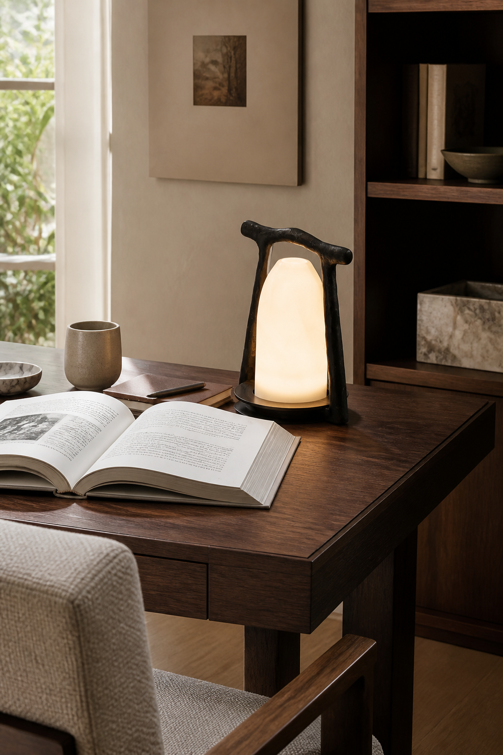 Sculptural Alabaster and Cast Brass Table Lamp — daylight study