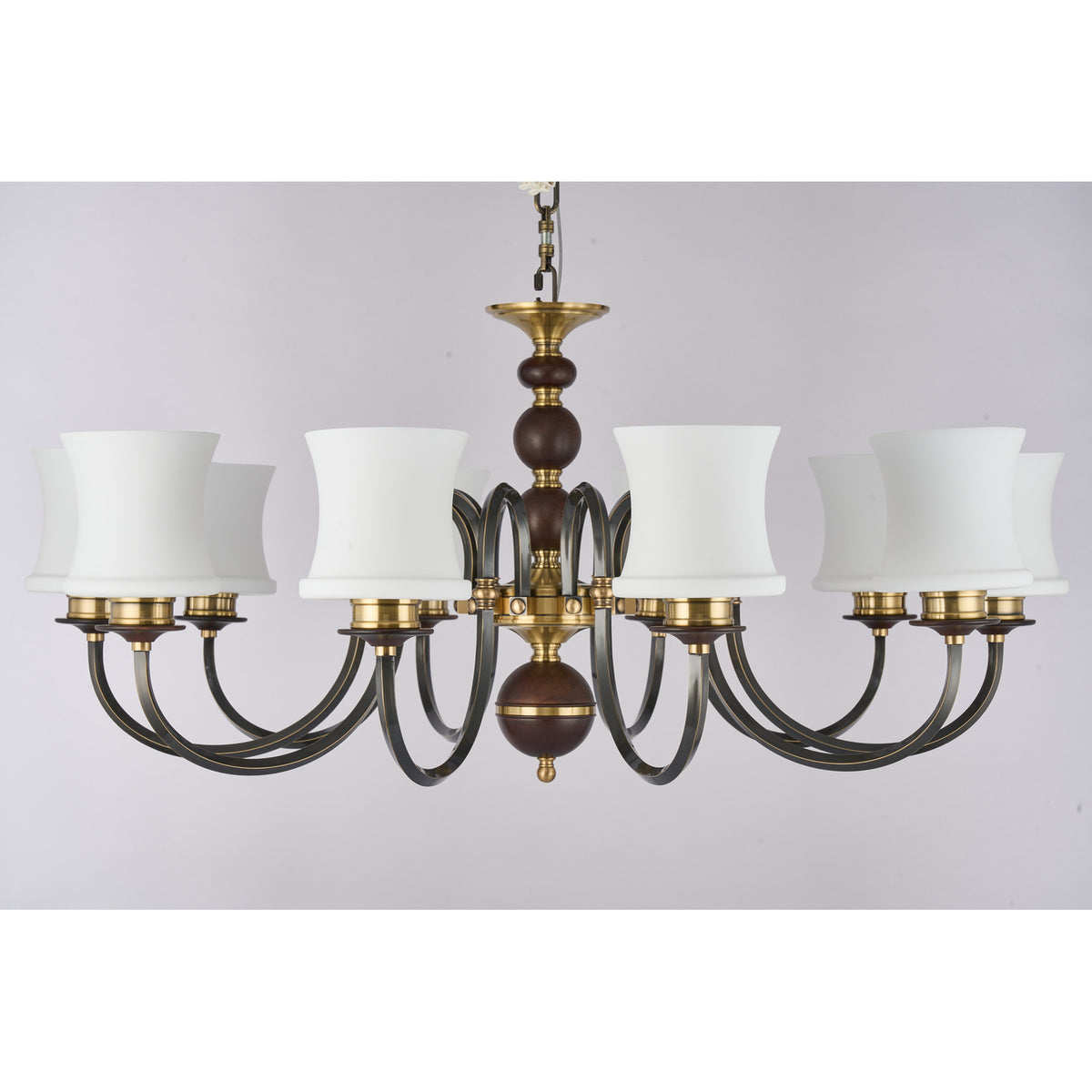 Supplier real photograph of the unlit Ebonelle ten-light chandelier complete front view