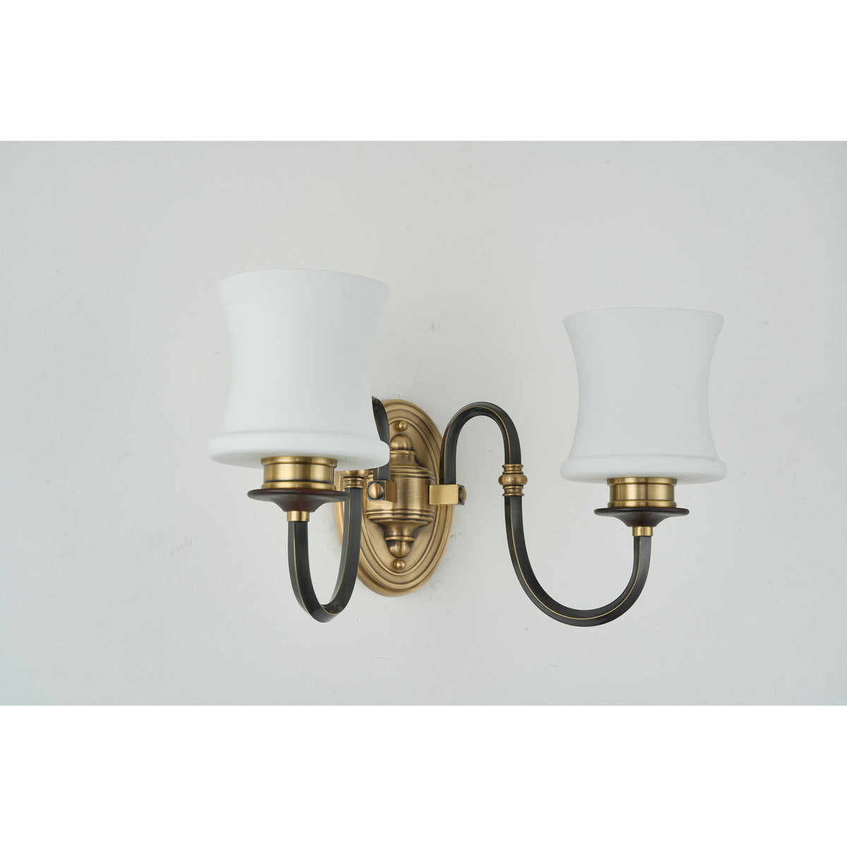 Supplier real photograph of the unlit Ebonelle two-light wall sconce complete front view