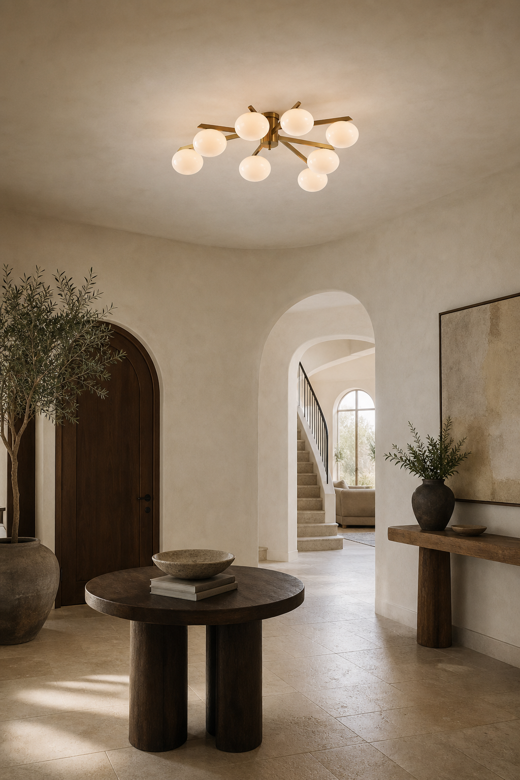 Solid Brass Opal Glass Semi-Flush Ceiling Light installed in an entry foyer