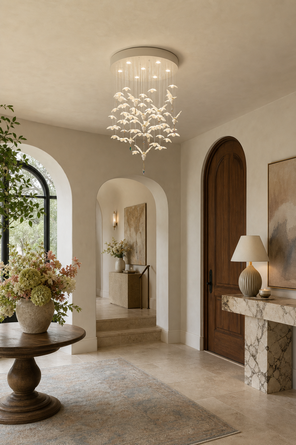 Floating Orchid Ceramic Short Chandelier entry foyer wide