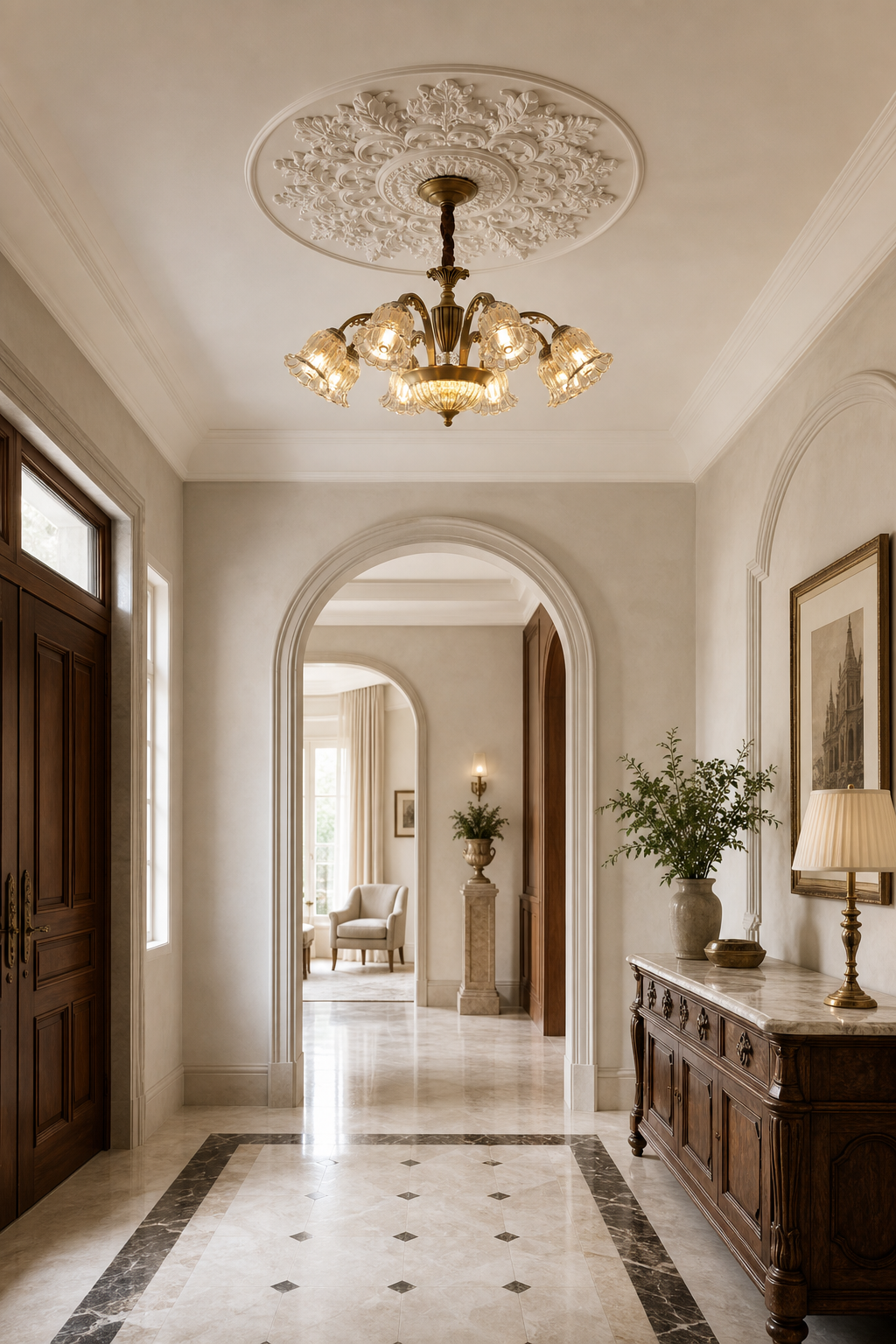 Vintage Brass Floral Glass Chandelier entry foyer wide