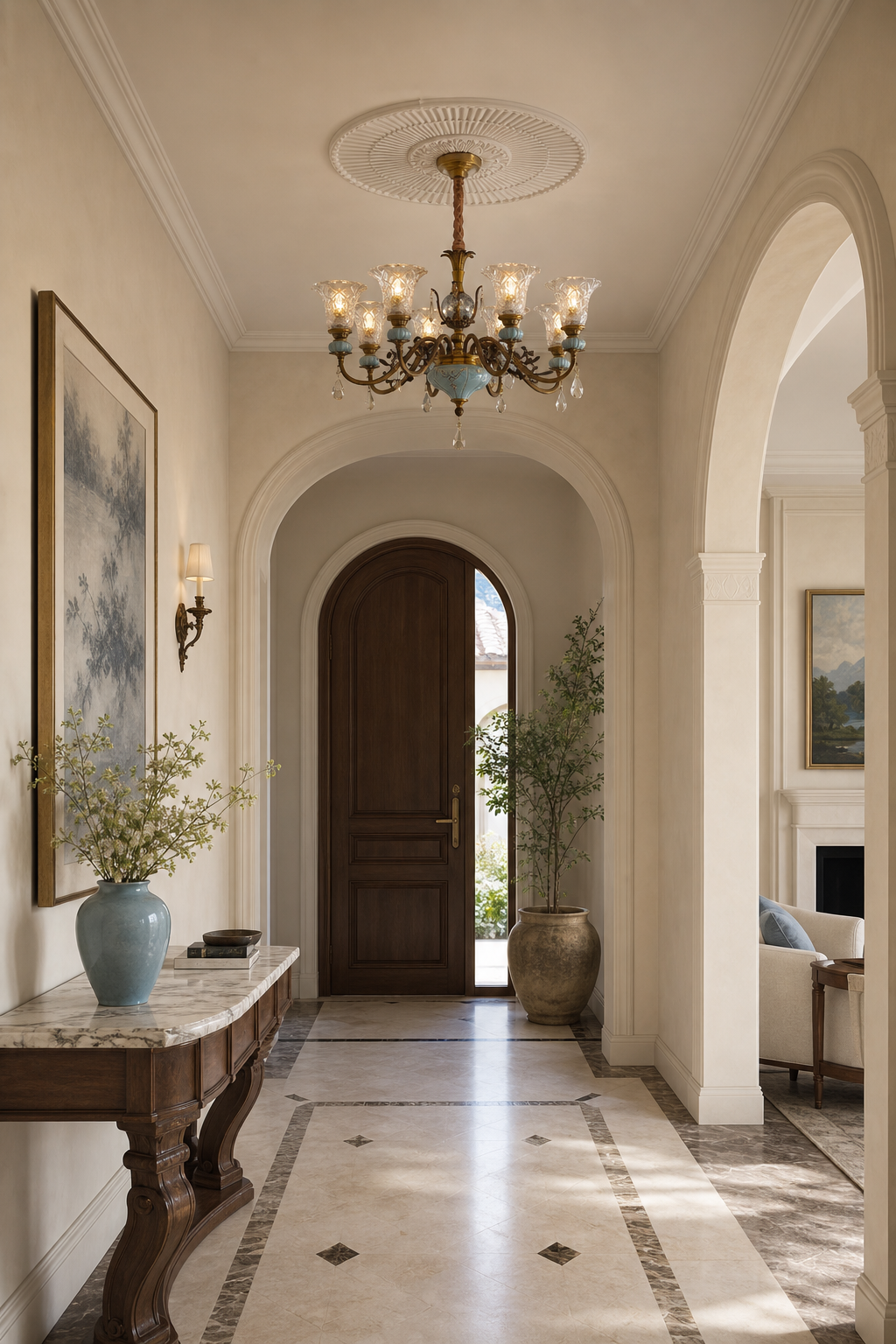 Blue Glazed Ceramic Brass Chandelier entry foyer wide
