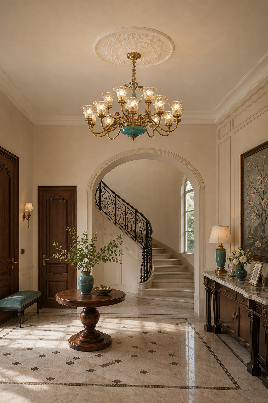 Tiffany Blue Ceramic Two-Tier Chandelier entry foyer wide