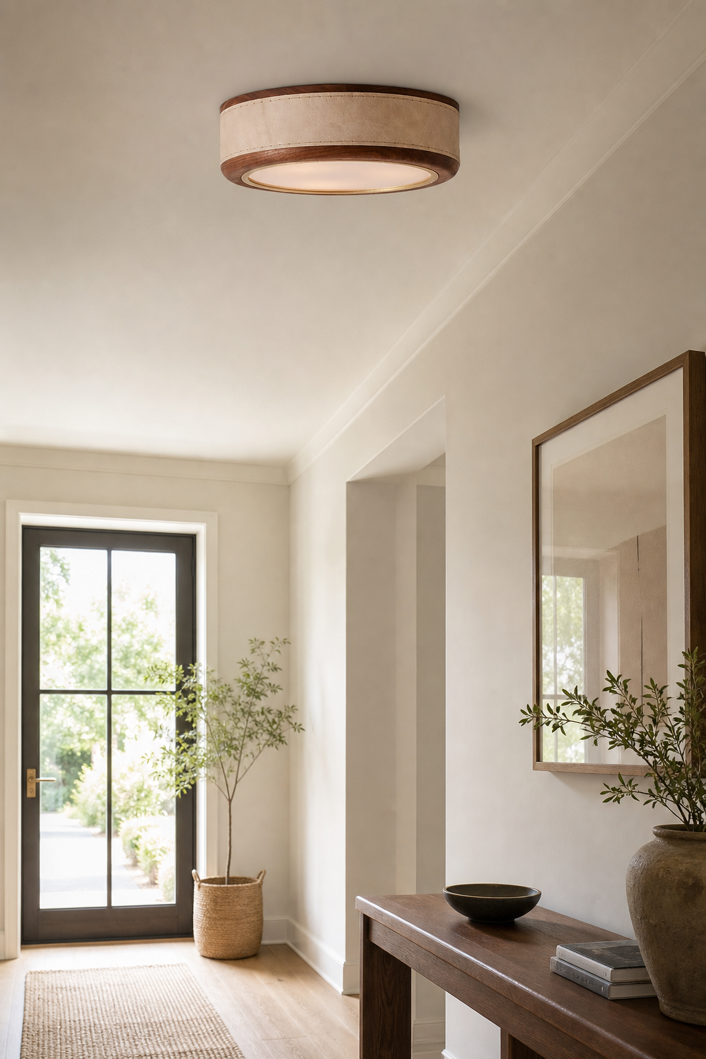 Modern Handmade Leather & Wood Ring Ceiling Light