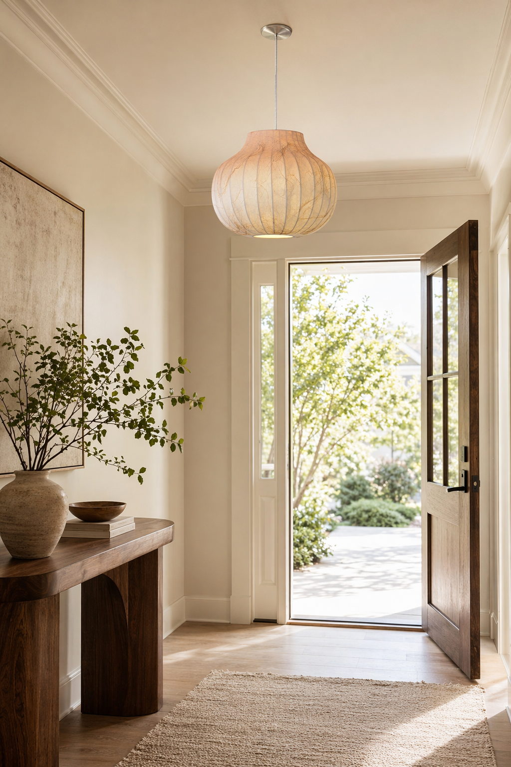 Modern Ribbed Silk Globe Pendant Light - generated workflow 05 05-entryway-wide-daylight