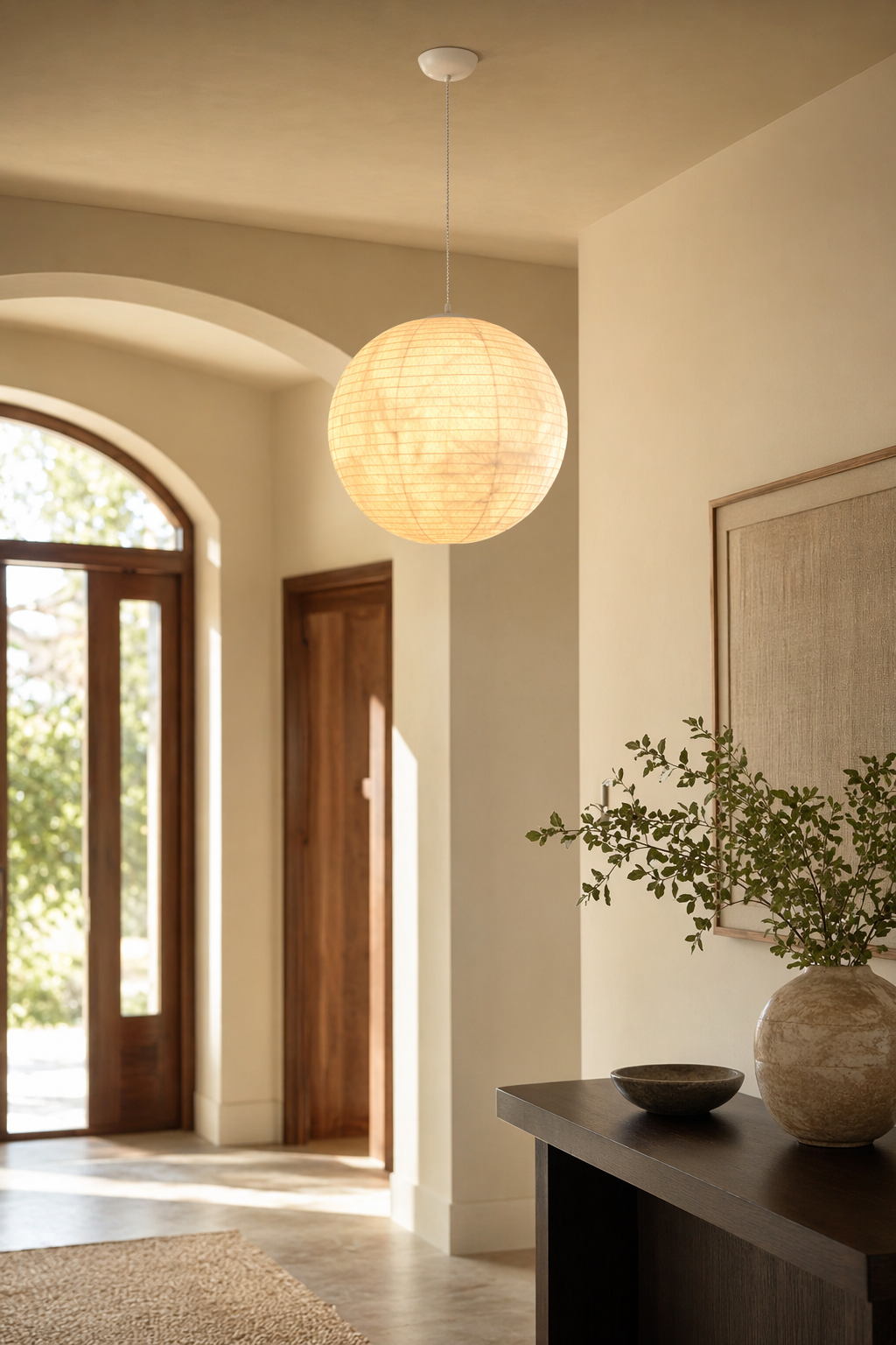Modern Silk Globe Pendant Light - generated workflow 05 05-entryway-wide-daylight