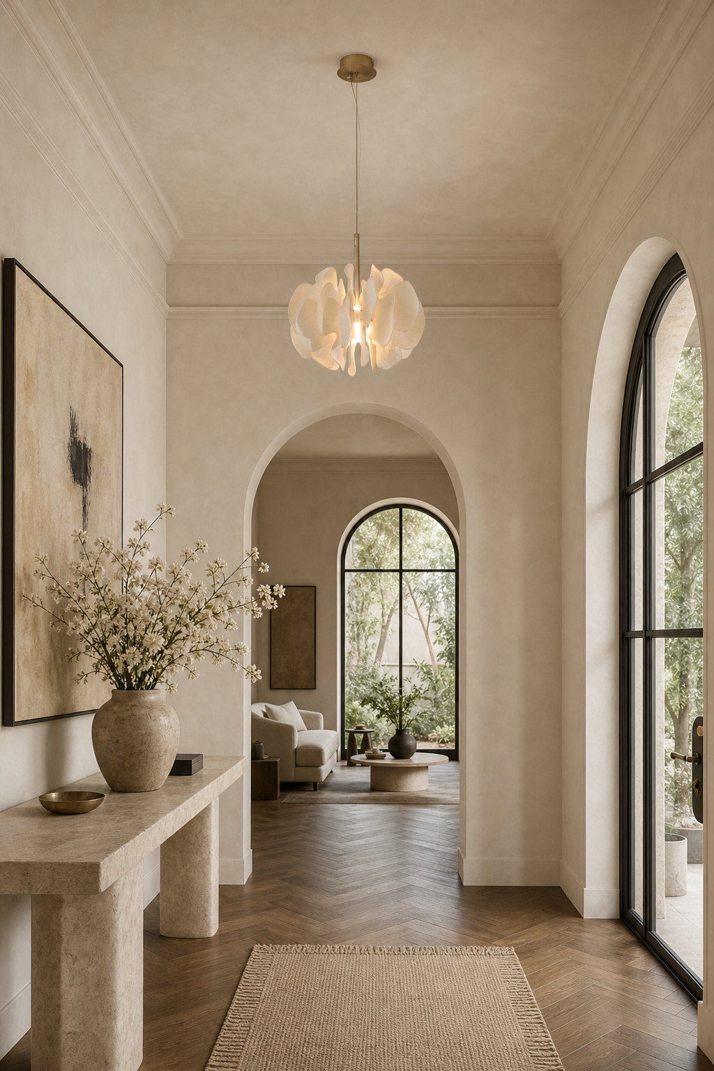 Sculptural Ivory Ceramic Petal Pendant entryway wide